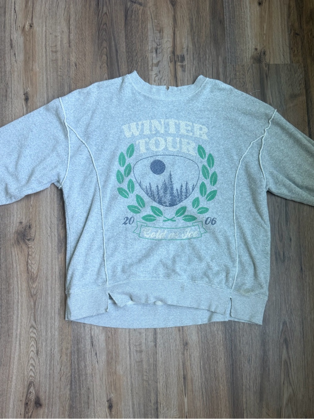 aerie Light Gray Winter Tour Graphic Crewneck Sweatshirt with Green Accents